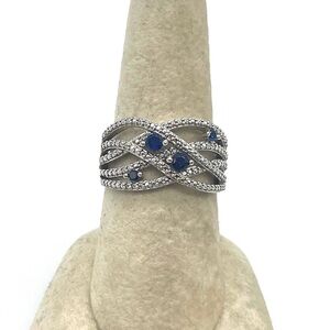 Blues Sapphire Highway Ring w/ Cubic Zirconia Accent 925 Sterling Silver